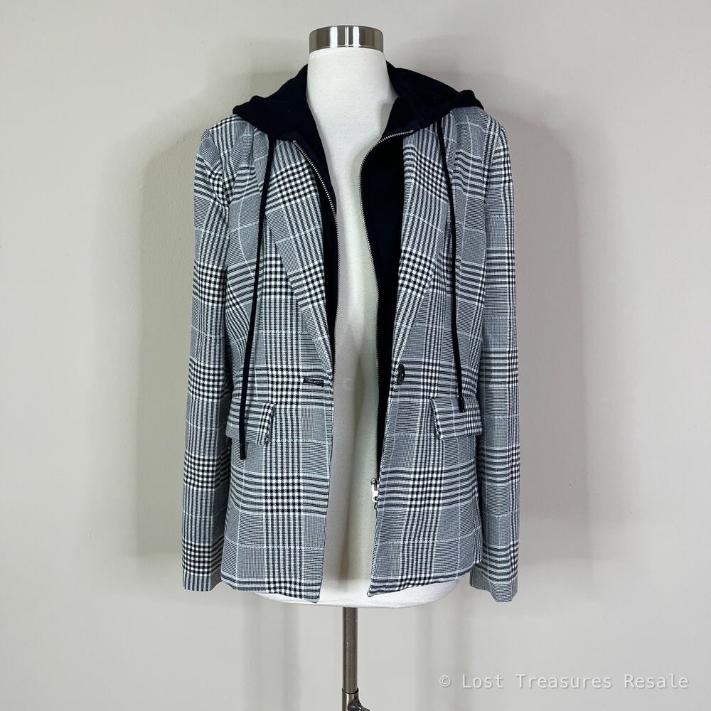 Evereve | Park Avenue Hoodie Dickie Black White Grey Plaid Blazer Jacket Large L - Picture 2 of 9